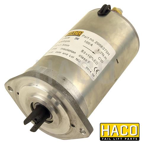 Haco Motor 0.8KW 24V, a metal cylinder with a white label, suitable for MBB-Palfinger, Zepro, AMA lifts; clockwise rotation, closed, female connection.