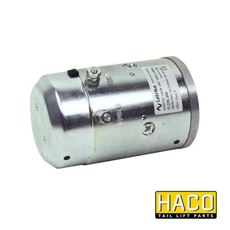 24 Volt 1.8KW Motor for Ratcliff, shown as a silver cylinder with a detailed label, part number 4696-018-0.