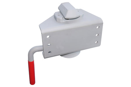 Left Hand - Twist Lock for HGV trailers, featuring a red plastic handle and six fixing holes, suitable for de-mountable bodies.