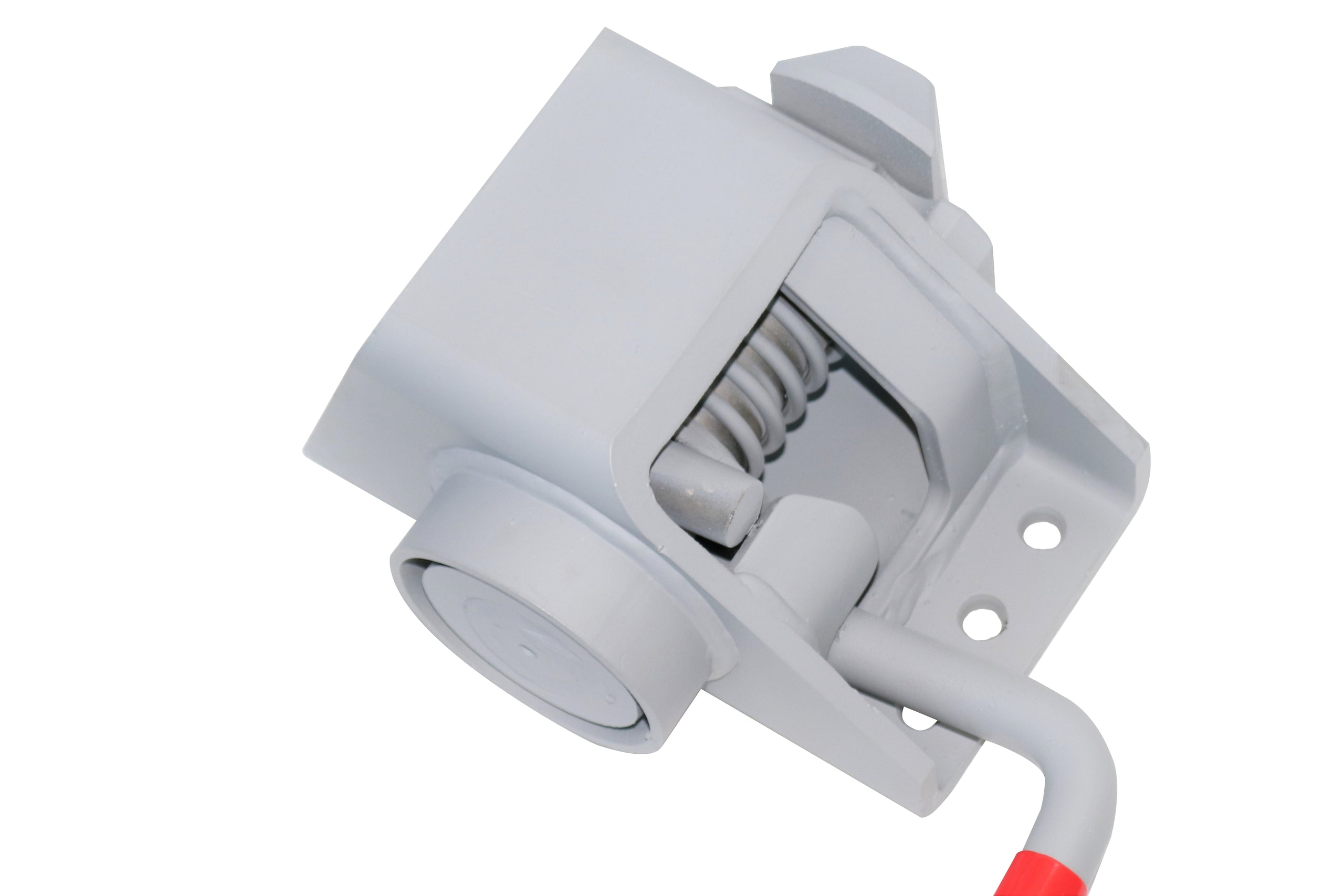 Left Hand - Twist Lock for commercial vehicles, featuring a red handle, grey metal body with spring-loaded mechanism, visible fixing holes, and suitable for HGV trailers.