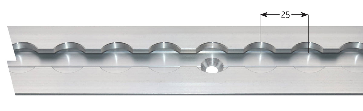 Recessed Captive Track: Close-up of metal track with pre-drilled holes, designed for commercial vehicle floors or walls.