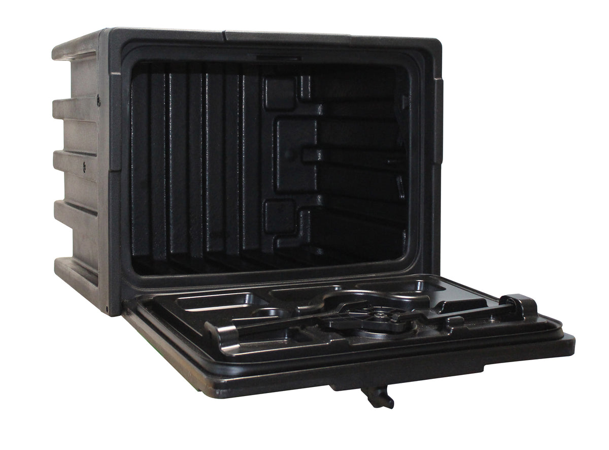 Heavy Duty Plastic Toolbox with open lid, showing secure, spacious interior and robust handle design, ideal for commercial vehicles.