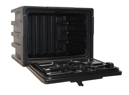 Heavy Duty Plastic Toolbox with open lid, showing secure, spacious interior and robust handle design, ideal for commercial vehicles.