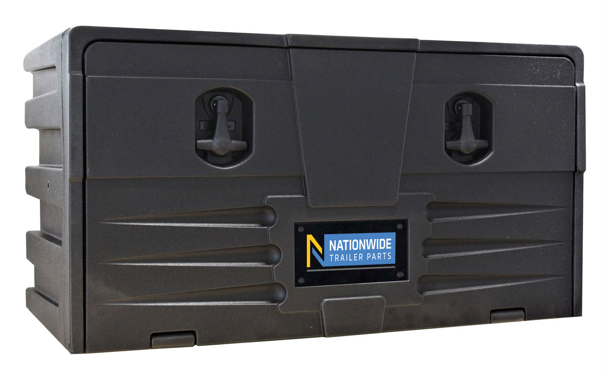 Fixing Kit for Heavy Duty Plastic Toolbox (NTP-0257) including black plastic box with handles, steel brackets, nut and bolt attachment, suitable for toolbox installation.