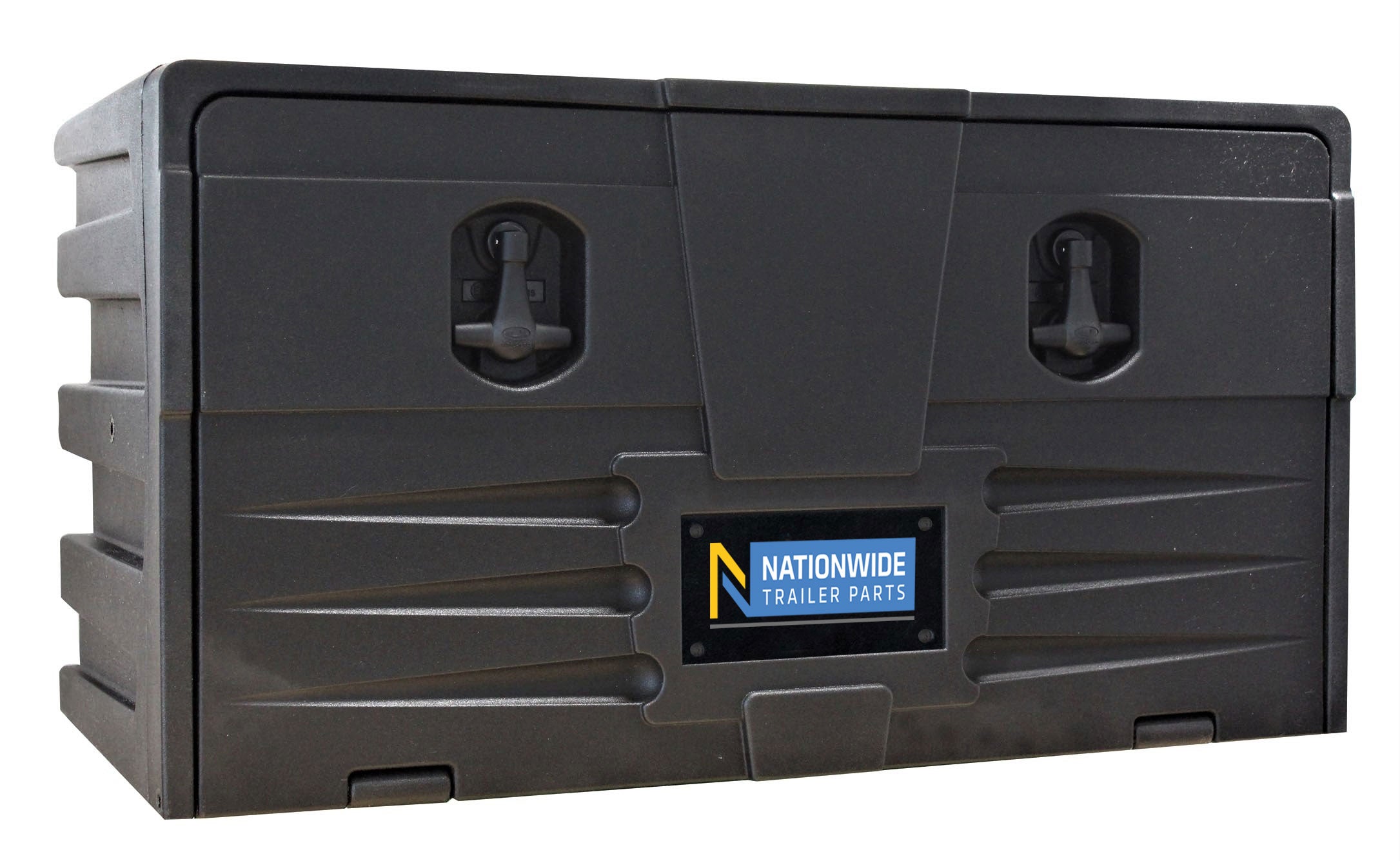 Fixing Kit for Heavy Duty Plastic Toolbox (NTP-0257) including black plastic box with handles, steel brackets, nut and bolt attachment, suitable for toolbox installation.