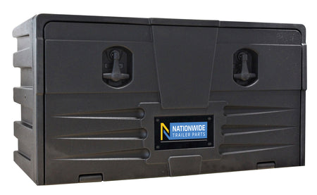 Fixing Kit for Heavy Duty Plastic Toolbox (NTP-0257) including black plastic box with handles, steel brackets, nut and bolt attachment, suitable for toolbox installation.