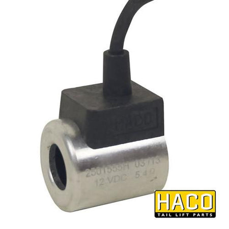 12v Coil HACO for Bar Cargo models, featuring a lever mechanism, visible metal device components, Ø18x40 size, with 5500mm cable length, designed for commercial trailers.