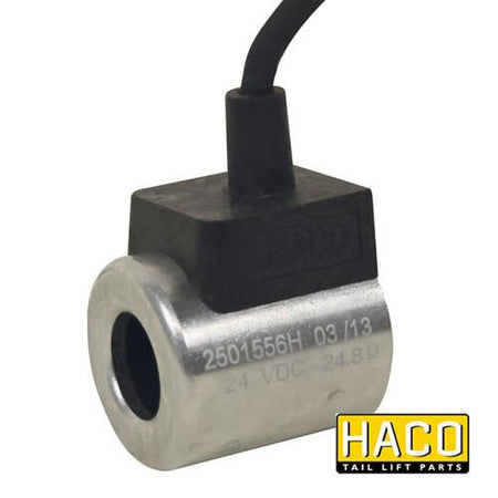 24v Coil HACO for Bar Cargo, Ø18x40 size, shown in a close-up of its metal structure, compatible with models 101124861 and others.