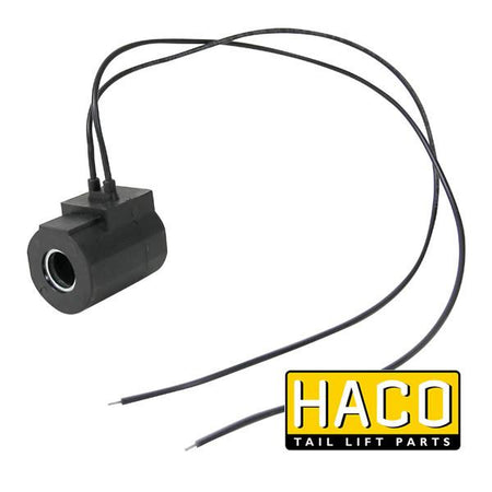 Coil 24V wire HACO for Ratcliff and Zepro tail lifts, featuring black electrical device with wires, compatible with parts 4696-109-1 and 32772.