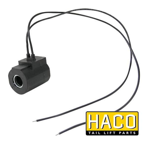 Coil 24V wire HACO for Ratcliff and Zepro tail lifts, featuring black electrical device with wires, compatible with parts 4696-109-1 and 32772.