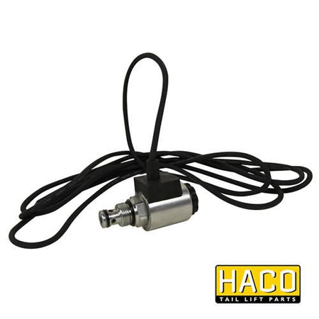 12v Solenoid valve complete HACO for Bar Cargo 101125166, featuring a black cable with a silver cylinder, Ø15mm size, M20 x 1.5 thread size.