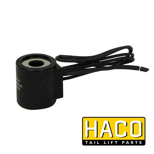 Coil 24V wire HACO for Ratcliff Tail Lift, model 4696-319-4, featuring black round design with connecting wires, ideal for commercial vehicles.