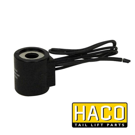 Coil 24V wire HACO for Ratcliff Tail Lift, model 4696-319-4, featuring black round design with connecting wires, ideal for commercial vehicles.