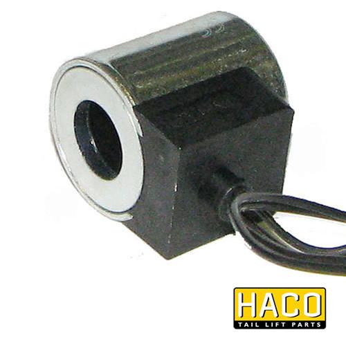 12v Coil Wire HACO for Dhollandia E0243.H, featuring a black and silver cylinder with attached black wires, ideal for tail lift systems.
