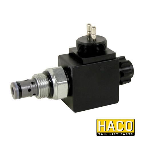 Solenoid valve Single Acting 12V HACO, an alternative to Dhollandia V037, with a close-up of its black and silver spark plug component.