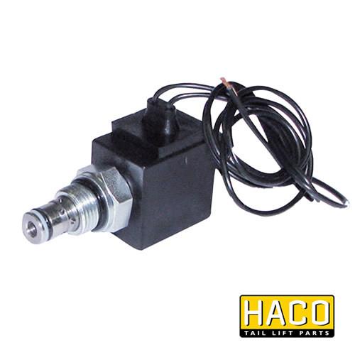 Solenoid valve cable connection HACO 24V for Dhollandia Tail Lifts, featuring a black electrical device with wire, compatible with part V036.K.