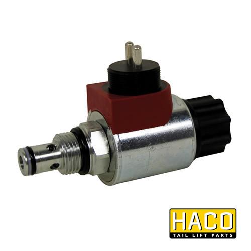 Solenoid valve HACO 12V, compatible with Dhollandia Tail Lifts, featuring a mechanical lever and connector. Ideal for large commercial trailer systems.