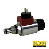 Close-up of a Solenoid valve HACO 12V, compatible with Dhollandia Tail Lifts, fitting part V037.H, highlighting intricate mechanical features.