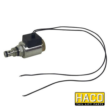 Solenoid valve cable connection HACO 24V for Dhollandia Tail Lifts, featuring a small metal device with a wire, compatible with part V036.HK.