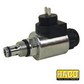 Solenoid valve HACO 24V, close-up of a metal cylinder with connector and lever, fits Dhollandia Tail Lifts, interchangeable with part V071.H for commercial trailers.