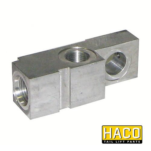Valveblock (left) safety valve HACO for Dhollandia V130.L, featuring a robust metal design, suitable for high-quality tail lift systems.