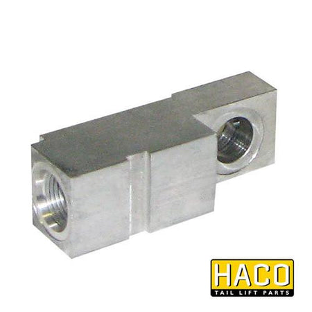Valveblock (right) safety valve HACO for Dhollandia V130.R, featuring a metal piece with screws, designed for tail lift systems.