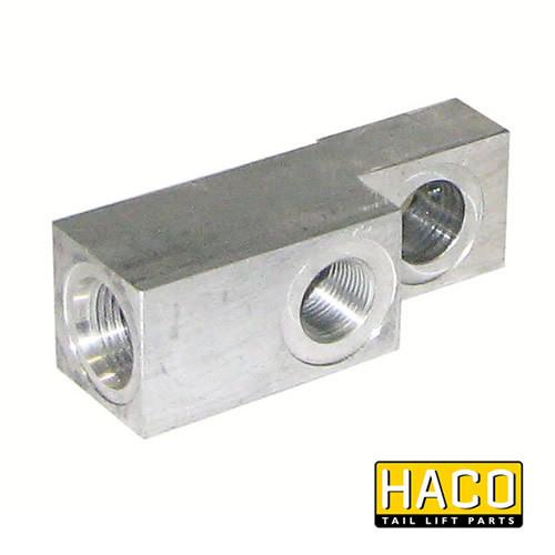 Valveblock safety valve HACO, metal piece with holes, compatible with Dhollandia V131 for tail lifts.