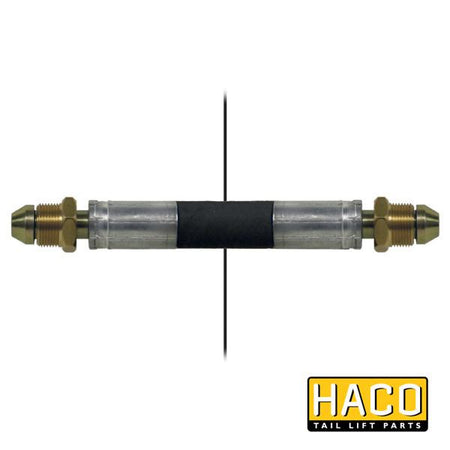 Hose T=9/16/T=9/16 650mm HACO, designed to fit Ratcliff part 4611-071-5, shown with a metal and glass tube component.