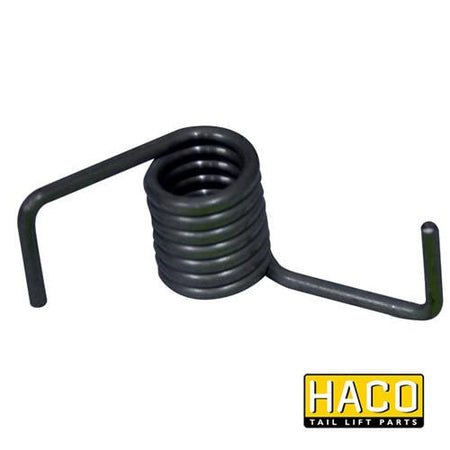 Spring pallet stopper HACO, designed for Bar Cargo models 101110222, features a durable black metal coil spring with bent corners for secure load restraint.