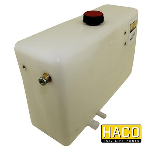 Oil Tank Right 10L - 350mm HACO designed for Dhollandia M3001, featuring a white plastic tank with a red cap.