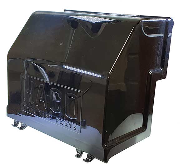 Power Pack Cover LM10 >2012 for LM lifts, featuring a sleek black design with a logo, ideal for commercial vehicle tail lift systems.