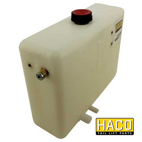 Oil Tank Left 6L - 300mm HACO, white plastic container with a red button, designed to suit Dhollandia M0400.