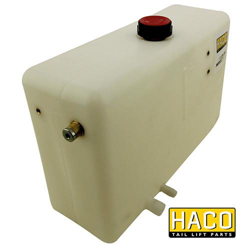 Oil Tank Left 10L - 350mm HACO to suit Dhollandia M0401, featuring a white plastic tank with a red button, designed for commercial trailer use.