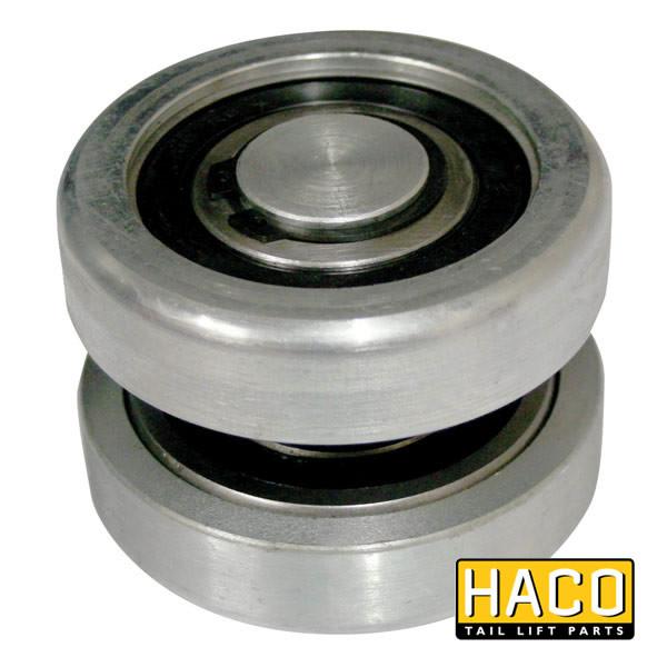 Close-up of Set rollers DH-SM >2001 steel HACO for Dhollandia Tail Lifts, featuring a sturdy metal wheel design, compatible with part M0873, Ø87mm.