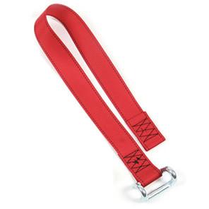 43mm Red Bottom Strap with metal buckle and black stitching, featuring a closed rave hook for secure load restraint on commercial trailers.
