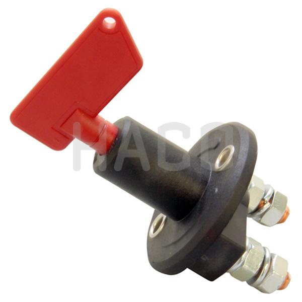 Main Switch 100amp Haco, a black and red battery isolator switch with a red handle, designed for commercial trailer electrical systems.