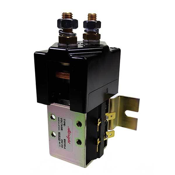 Albright 24V 180amp Starter Solenoid, a robust black and silver electrical device, ideal for heavy-duty commercial vehicles, showcasing precision engineering in close-up detail.