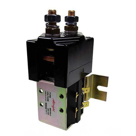 Albright 24V 180amp Starter Solenoid, a robust black and silver electrical device, ideal for heavy-duty commercial vehicles, showcasing precision engineering in close-up detail.