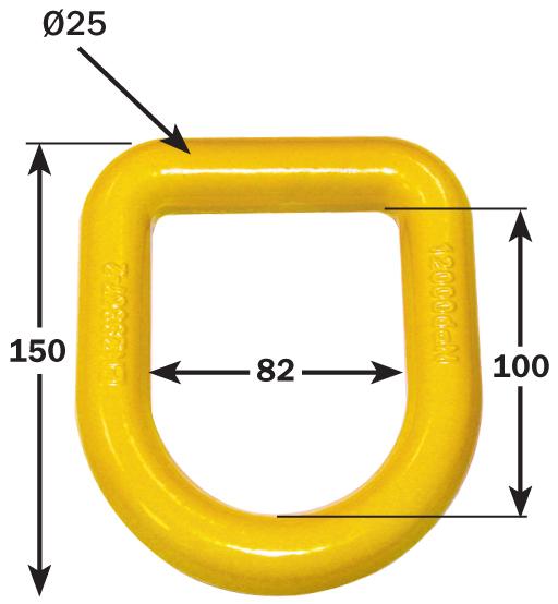 Weld On Lashing Link High Tensile Steel - 12,000kg, featuring a metal ring with directional indicators and measurement markings for secure load restraint on commercial trailers.