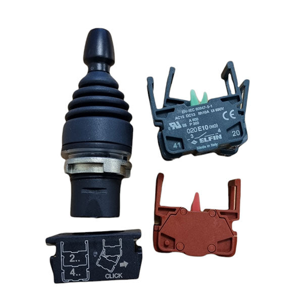 Joystick 4 positions Elfin Suit 395486 for Anteo lifts, shown among electrical parts, highlighting the control button and red plastic component.