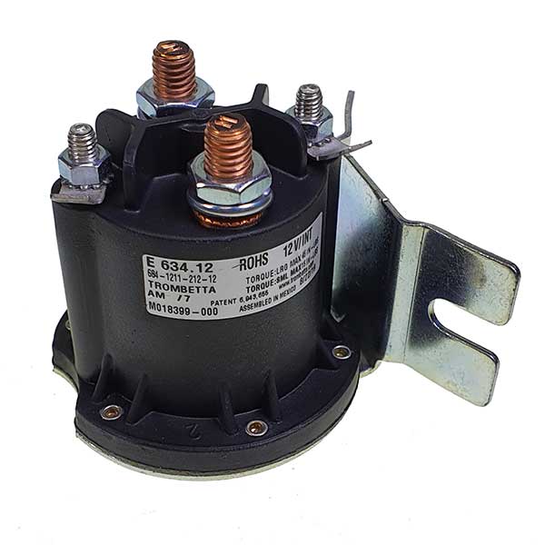 Haco 12V Trombetta Starter Solenoid 150A, featuring a black electrical device with copper screws; compatible with Ratcliff 4696-324-5 and Dhollandia E0634.12 parts.