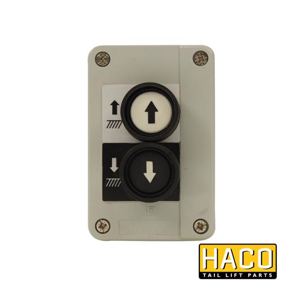 Control Box 2-button HACO, close-up of switch and arrow buttons, designed to fit Ratcliff Palfinger Tail Lift, compatible with part 2651-019-0.