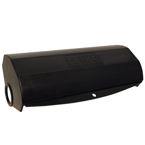Control Box Cover 2009> Haco, featuring a black plastic design with an embossed logo, designed for Dhollandia Tail Lifts.