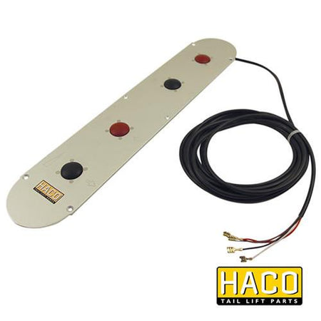Footcontrol <2010 steel HACO panel with four red buttons and black wires, compatible with pre-2010 Dhollandia tail lifts, part E0777.V.