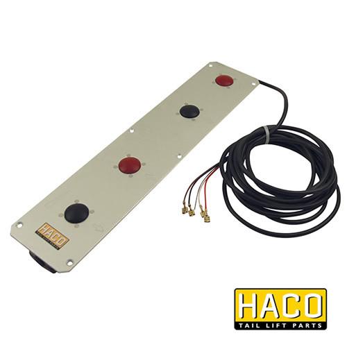 Footcontrol <2010 steel HACO panel with red buttons and cables, designed for pre-2010 Dhollandia tail lifts, interchangeable with parts E0777.R, E0759.R, E0194.R.