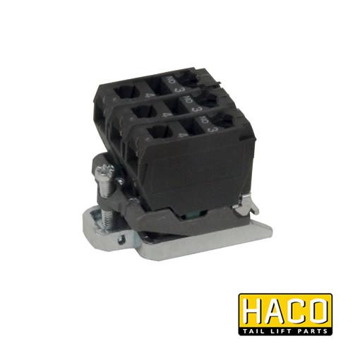 Contactblock HACO, a black and silver electrical component for Dhollandia Tail Lifts, interchangeable with part E0802.3, featuring 3x NO function.