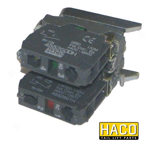 Contactblock HACO for Dhollandia Tail Lifts, featuring 1 NO/1 NC function, close-up view of black electronic device compatible with E0803.