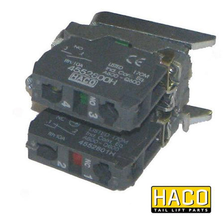 Contactblock HACO for Dhollandia Tail Lifts, featuring 1 NO/1 NC function, close-up view of black electronic device compatible with E0803.