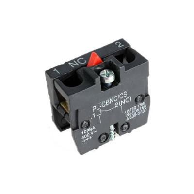 XEN-L1121 Contact Block N/C, black electrical device with white text and a red button, for Ratcliff Palfinger Tail Lifts.