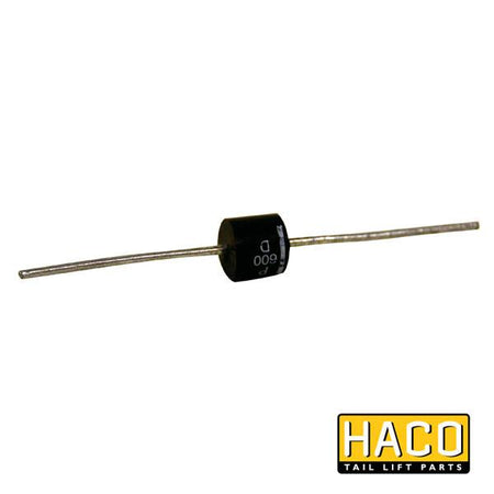 Diode 6 Amp, HACO, fits Ratcliff Palfinger Tail Lift, part 2780-001-2. Close-up of a black cylinder with white letters.